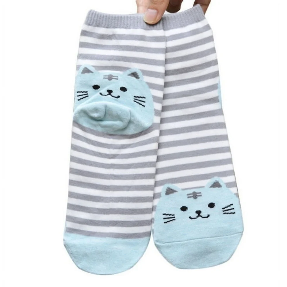 Cute Cat Face Grey & Light Blue Striped Cat Socks